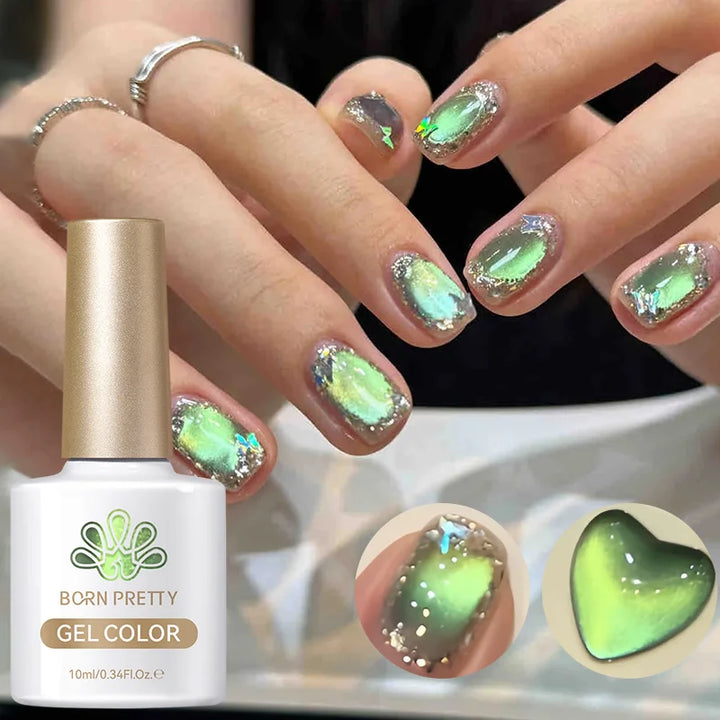 BORN PRETTY 10ml/15ml Guava Green Cat Magnetic Gel Shine  Glitter Semi Permanent Soak Off UV Varnish Nail Supplies