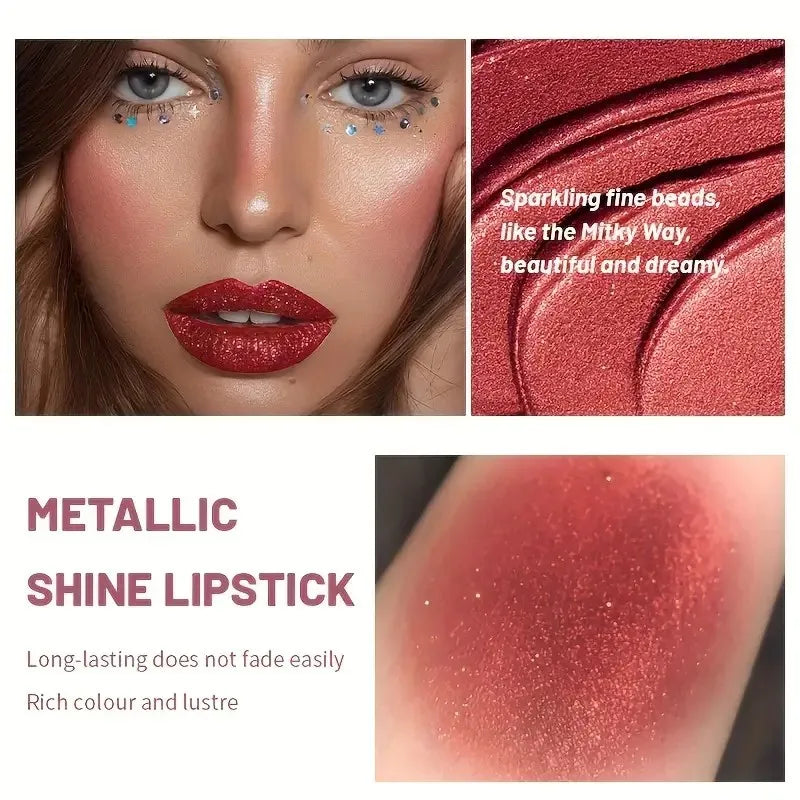 Shimmer Pearlescent Lipstick Long Lasting Waterproof, Moisturizing Plumping Lip Color for Sexy Glamorous Makeup
