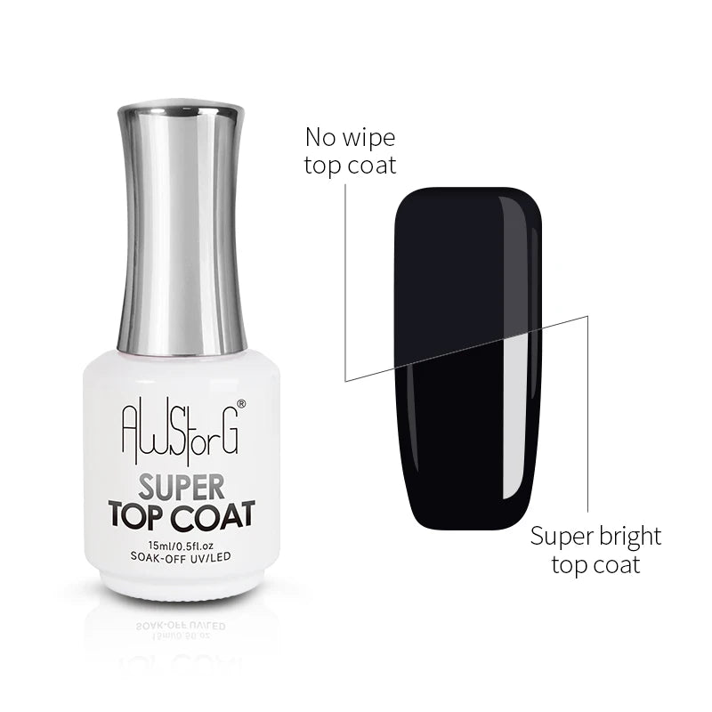 AWStorG 15ML Super Top Coat Nail Art Gel Varnish Semi Permanent Soak Off No Wipe UV Gel Varnish Shining Clear Top Coat