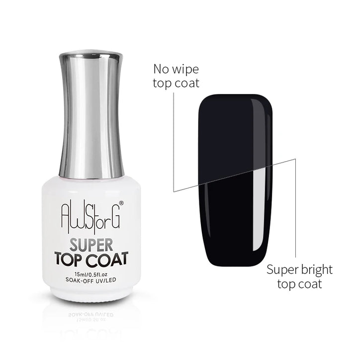 AWStorG 15ML Super Top Coat Nail Art Gel Varnish Semi Permanent Soak Off No Wipe UV Gel Varnish Shining Clear Top Coat