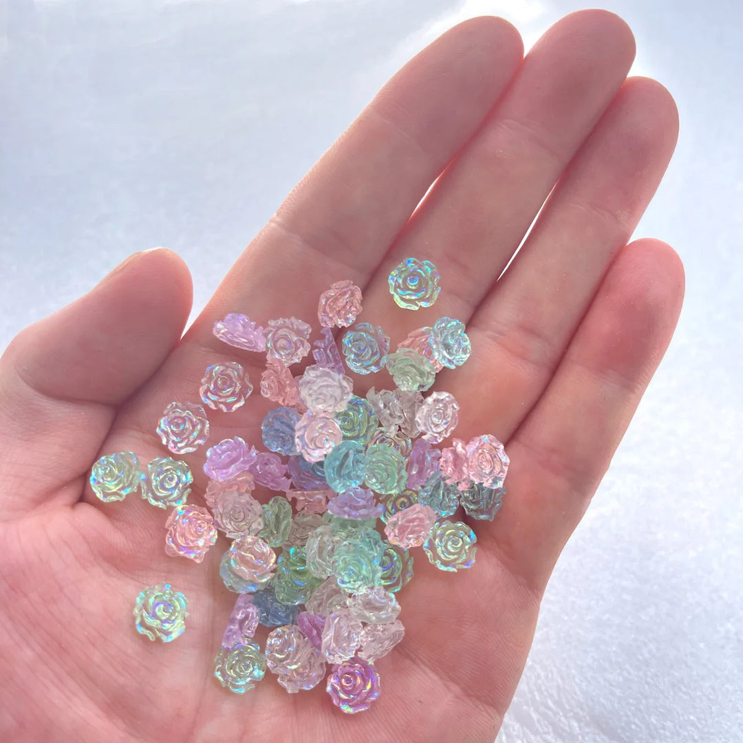 50pcs Cute New Resin Mini 3D White Plated Rose Nail Rhinestones Gems Glitter Nail Art Jewelry Manicure Nail Art Decorations