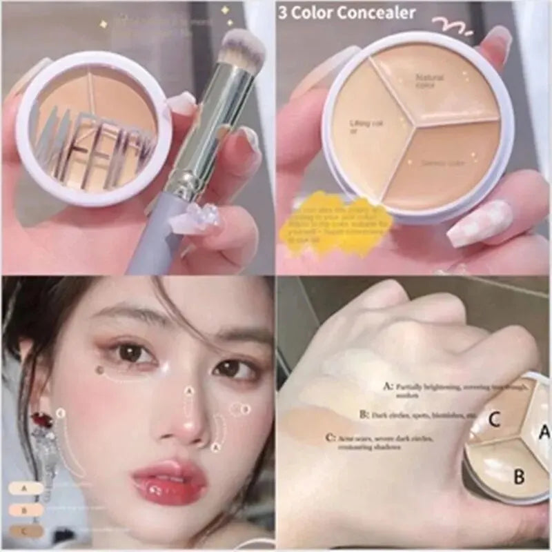 3-Color Concealer Palette Professionally Covers Dark Circles Around Eyes and Face