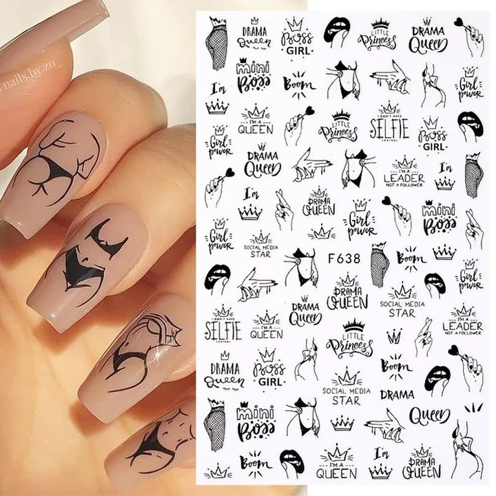 Nail Art Stickers Woman Girl Sexy Sticker Body Press on Nail Slider Black White Decal Decoration Nail Design Accessories Wraps