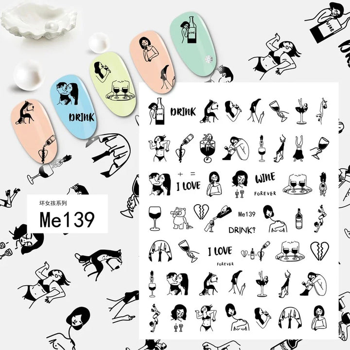 Nail Art Stickers Woman Girl Sexy Sticker Body Press on Nail Slider Black White Decal Decoration Nail Design Accessories Wraps