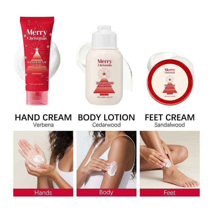 Merry Christmas 110ml Skin Care Gift Set - Hand Body Feet Cream with Nail Pen, Natural Verbena Cedarwood Sandalwood Fragrance