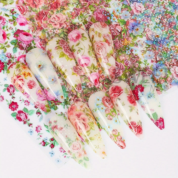 10PCS Mixed Nail Art Foils Transfer Sticker Set Rose Flower Designs Floral Starry Sky Nail Wraps Wedding Summer Manicure Decor