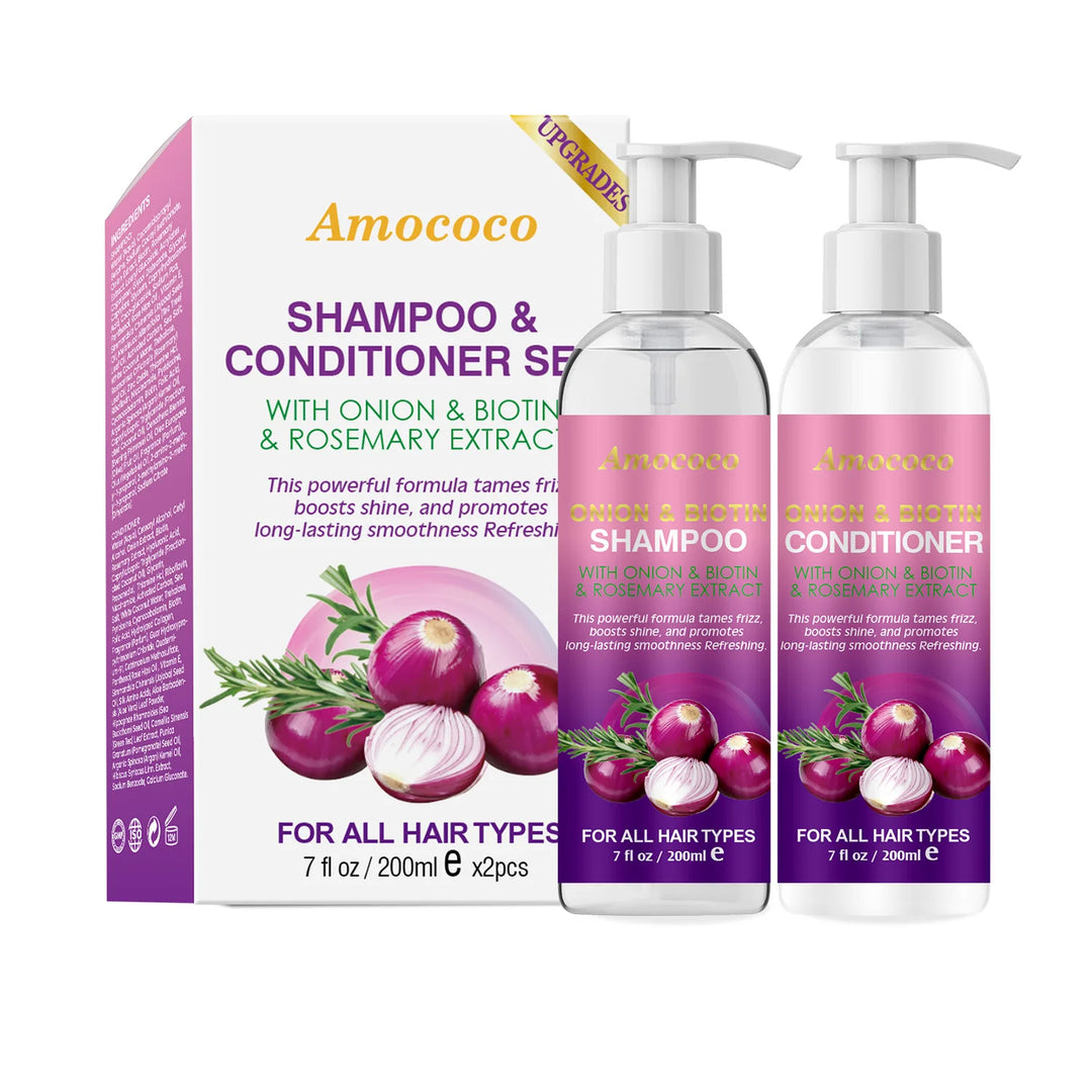 Amococo 2pcs X 200ml Shampoo and Conditioner Set with Onion Biotin Rosemary Hair Care Duo for All Hair Types Frizz Control Shine Boosting Sulfate Free