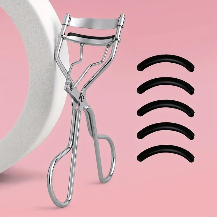 1 portable eyelash curler with 5 silicone pads, stainless steel eyelash curler, permanently shaping big eyes.