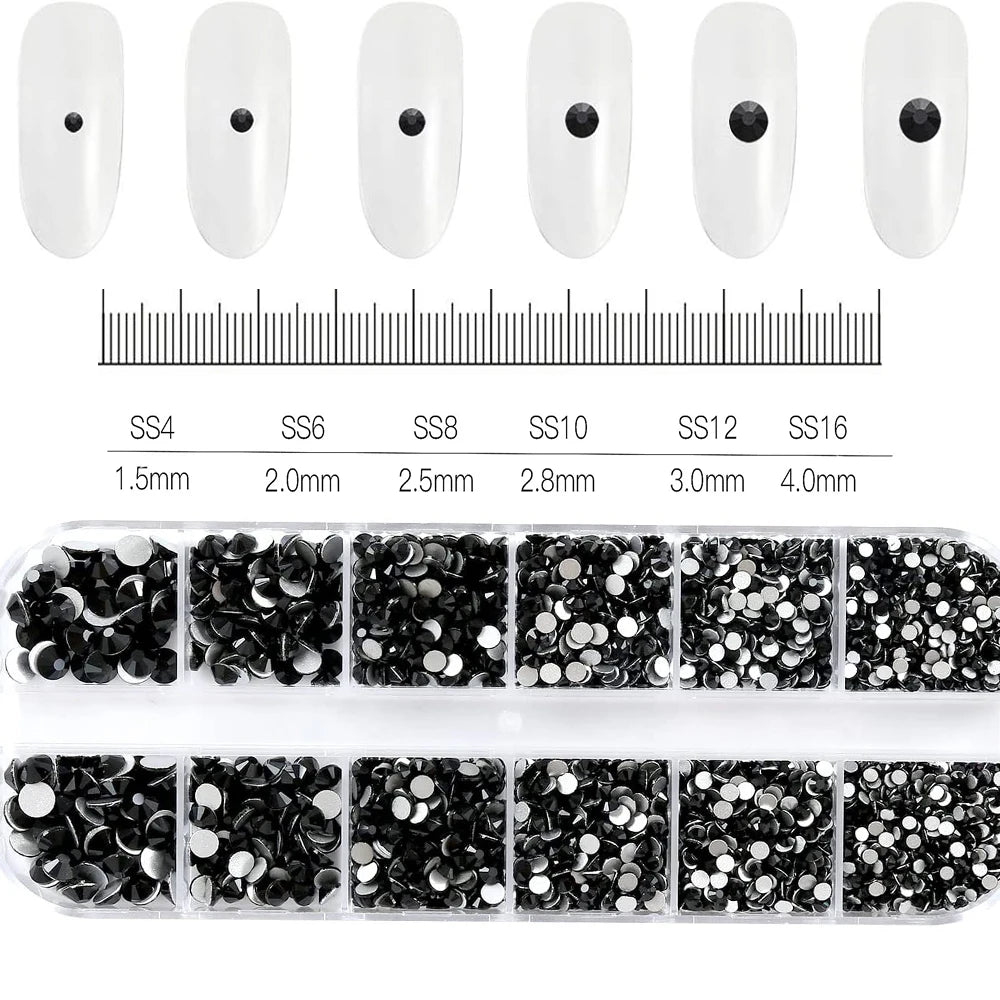 1.5mm-5mm Champagne Glass Crystal Nail Art Gems 12grids Flatback SS4-SS16 Mixed Nail Art Rhinestone Non-Hotfix Diamond Nail Deco