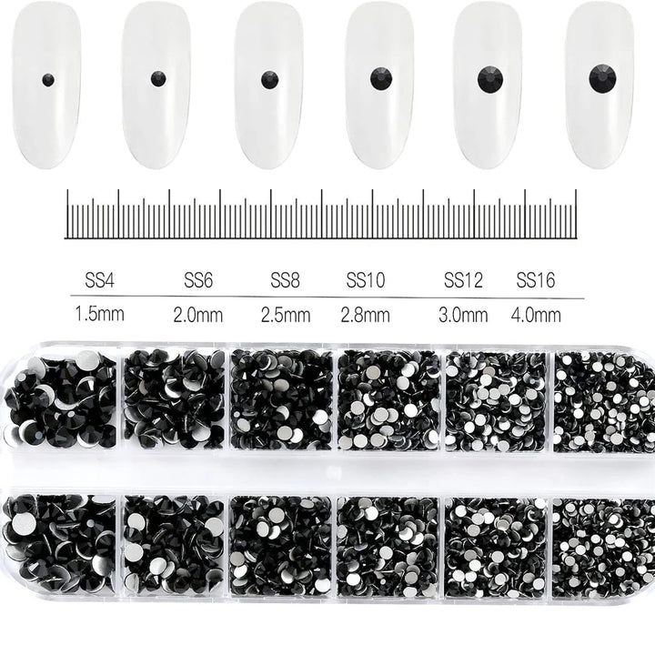 1.5mm-5mm Champagne Glass Crystal Nail Art Gems 12grids Flatback SS4-SS16 Mixed Nail Art Rhinestone Non-Hotfix Diamond Nail Deco