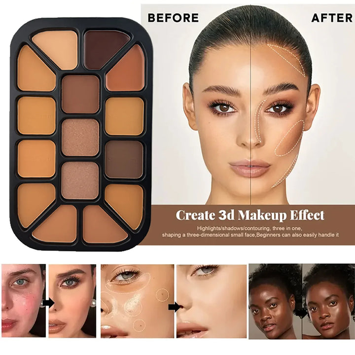 15-Color Face Contour Powder Palette Matte Highlighter Natural Shading Concealer Wet & Dry Formula for Face Sculpting Makeup