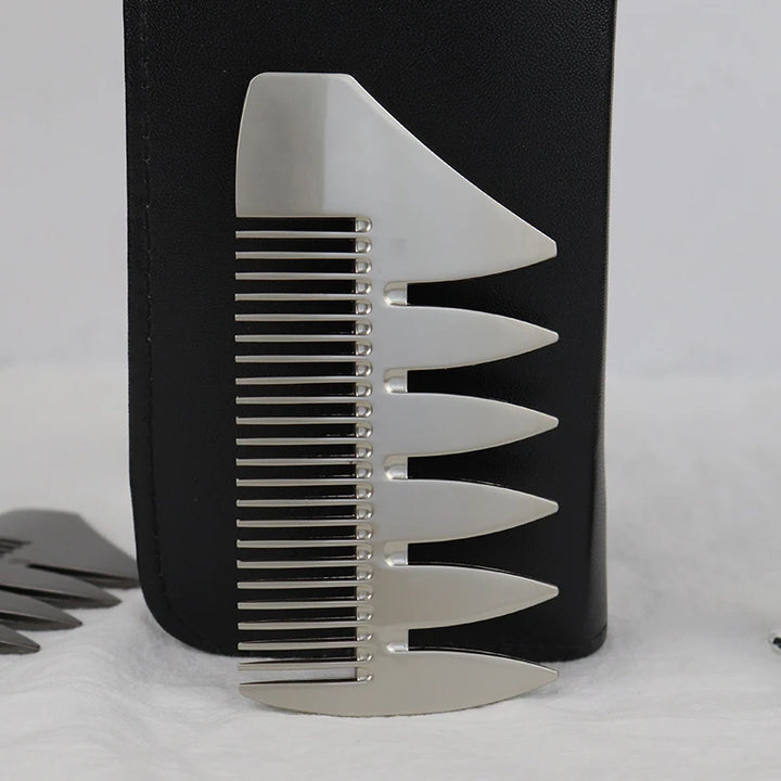 1 portable men's metal stainless steel double-sided comb with wide teeth and fine teeth, portable comb salon shaped comb