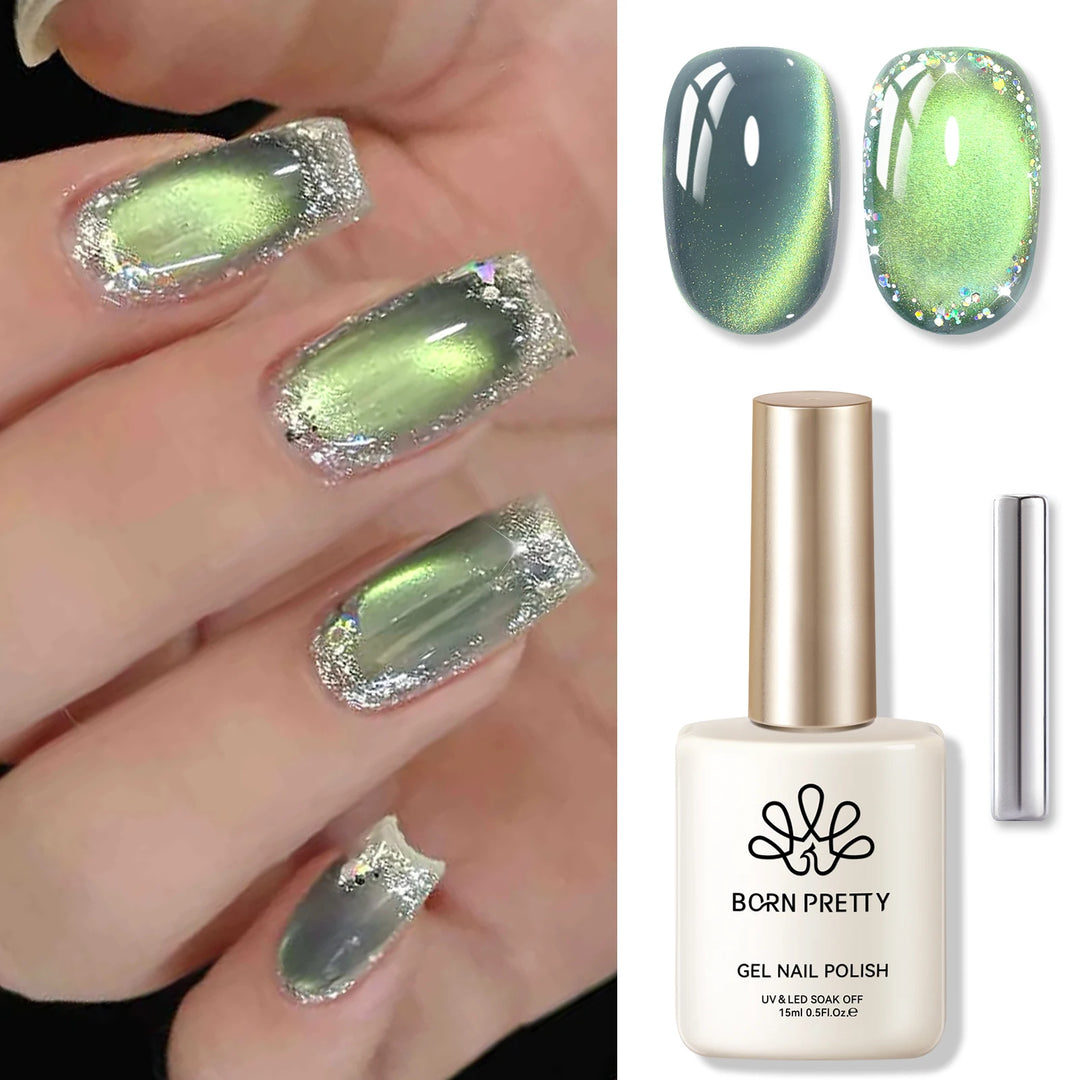 BORN PRETTY 10ml/15ml Guava Green Cat Magnetic Gel Shine  Glitter Semi Permanent Soak Off UV Varnish Nail Supplies
