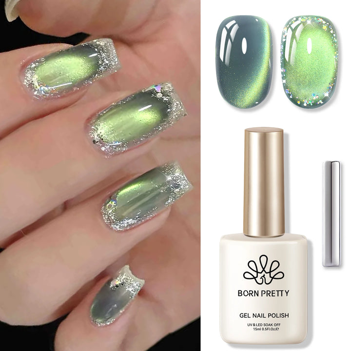 BORN PRETTY 10ml/15ml Guava Green Cat Magnetic Gel Shine  Glitter Semi Permanent Soak Off UV Varnish Nail Supplies