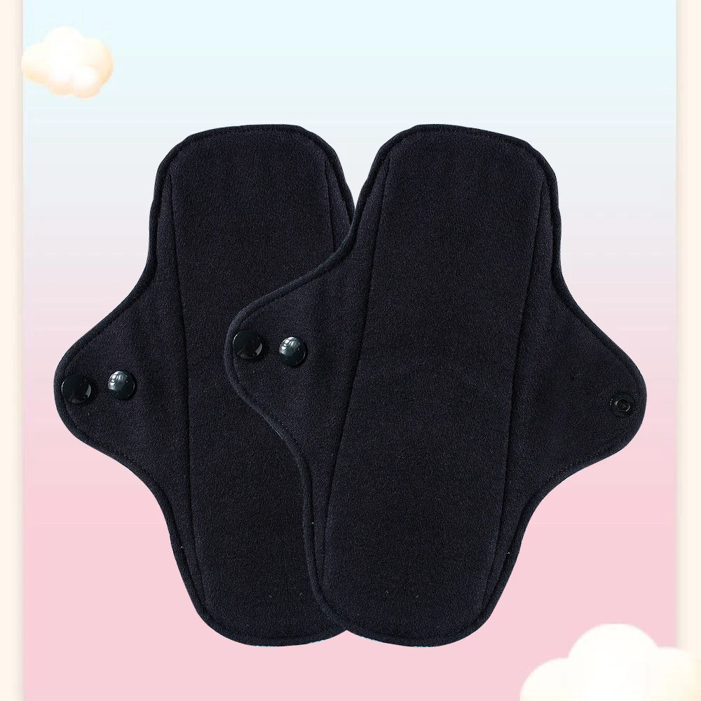 2pcs Balck Pure Cotton Sanitary Pad Ladies Reusable Cloth Menstruation Washable Menstrual Pads with Button Breathable Care Pads