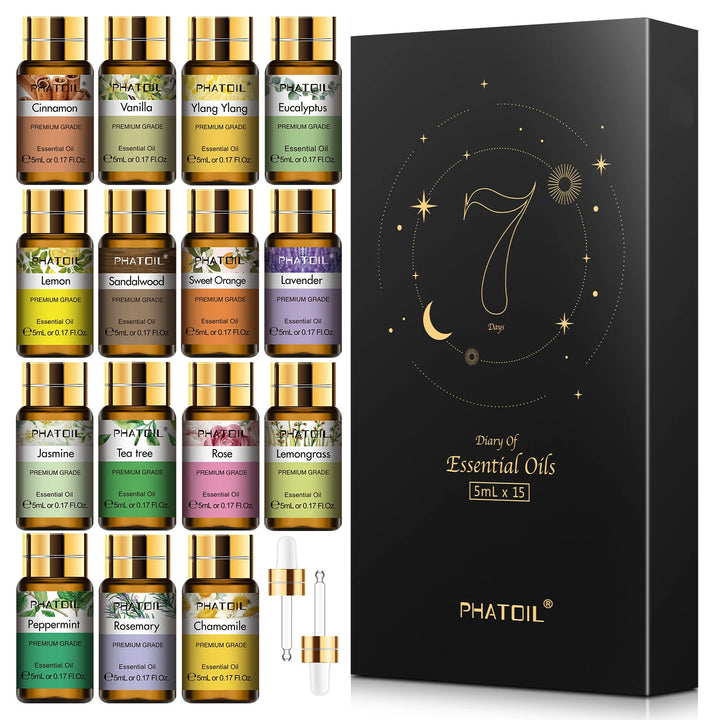 PHATOIL 15pcs Essential Oils Set for Diffuser Humidifier Candles Making-5ml Lavender Vanilla Peppermint Rosemary Aroma Oil