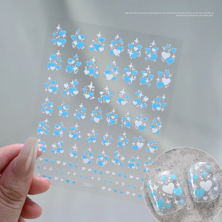 3D Valentine' s Day Love Heart Nail Art Sticker Red White Cross Stars Self-Adhesive Nail Decals 8*10cm Kawaii Heart Nail Sticker