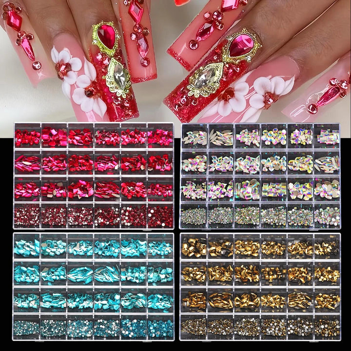 1 box of multi -shaped 3D nail diamond kits -24 AB crystal gem grids, flat -bottom nail art accessories multi -style nail suppli