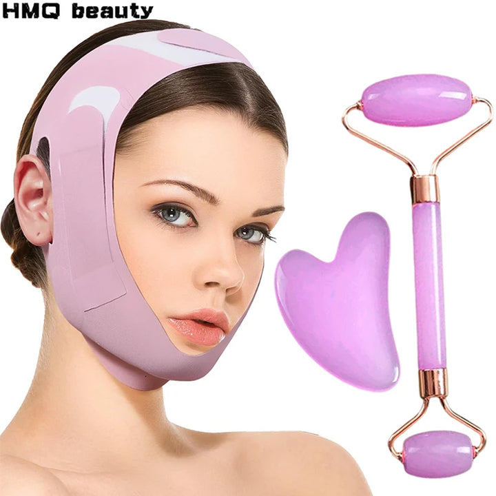 Facial Sculpting Mask & Facial and Eye Mask Massage Roller Reusable Adjustable V-shaped Face Bandage Portable Body Massage Tool