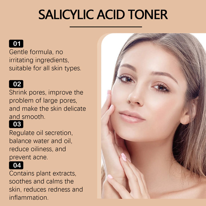 Salicylic Acid Toner for Acne Removing Shrink Pores Control Oil Remove Pimple Exfoliating Brighten Moisturizing Skincare Product
