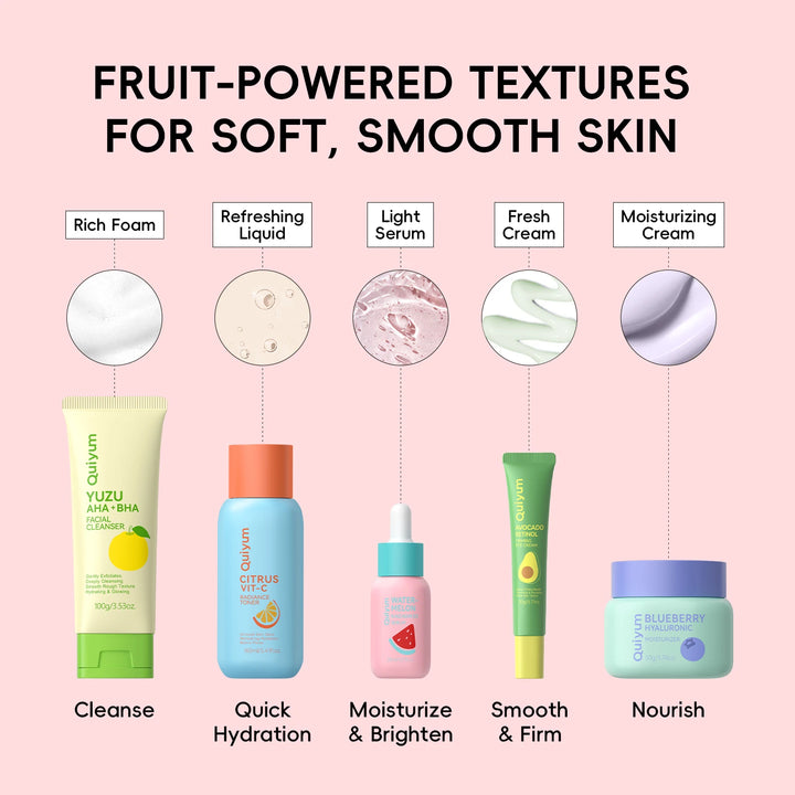 QUIYUM Fruit Fresh Collection 5-Piece Skincare Set Brightening Hydrating Anti-Age Facial Care for Dry Dull Skin