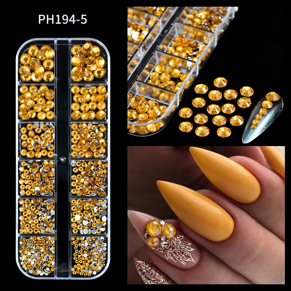12Grids Ocean Gold Nail Art Charms Shell/Seahorse/Starfish White Half Round Pearl Gems 3D Mixed Punk Manicure Metal Rivets Studs