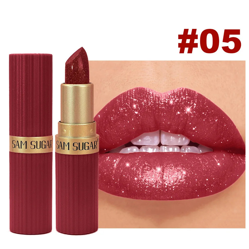 Diamond Chocolate Red Lipstick Pearlescent Glitter Velvet Lipstick Waterproof Shiny Metallic Matte Lip Gloss Non-fade Makeup