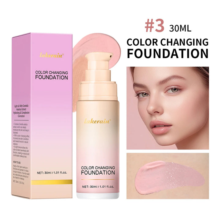 Color Changing Foundation 4 in 1 Moisturizing SPF 30+ Hydrating Color Longwearing Waterproof Travel Coverage Makeup Base
