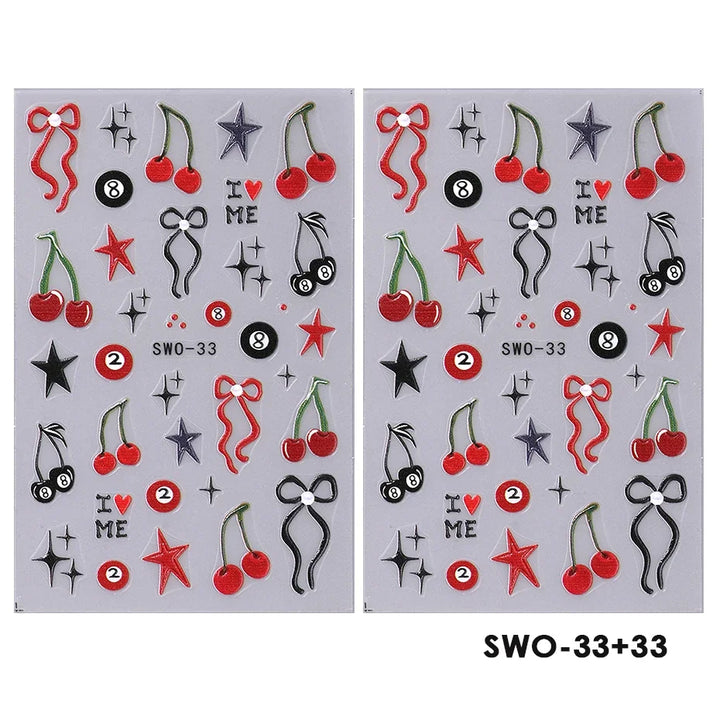 2pcs Sweet Element Nail Art Stickers Simple Flower Heart Cherry Strawberry Kawaii Decals Colorful Bow Butterfly Manicure Sliders