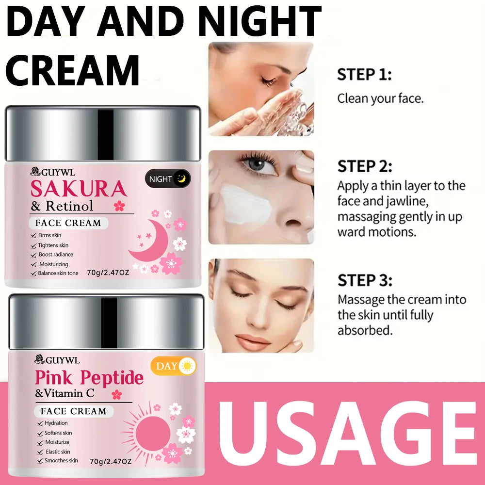 GUYWL Pink Peptide & Vitamin C Sakura & Retinol Facial Cream & Serum Set Day Night Care Combination with Niacinamide Hyaluronic