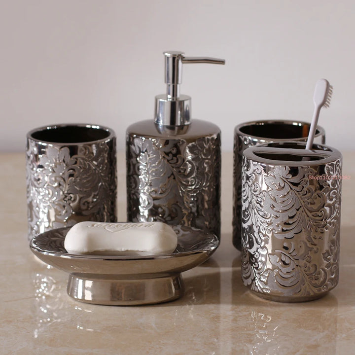 Silver Ceramics Five Piece Set Gifts Soap Bottle Gargle Cup Soap Dish Toothbrush Holder Washing Tools Bathroom Toiletry Set
