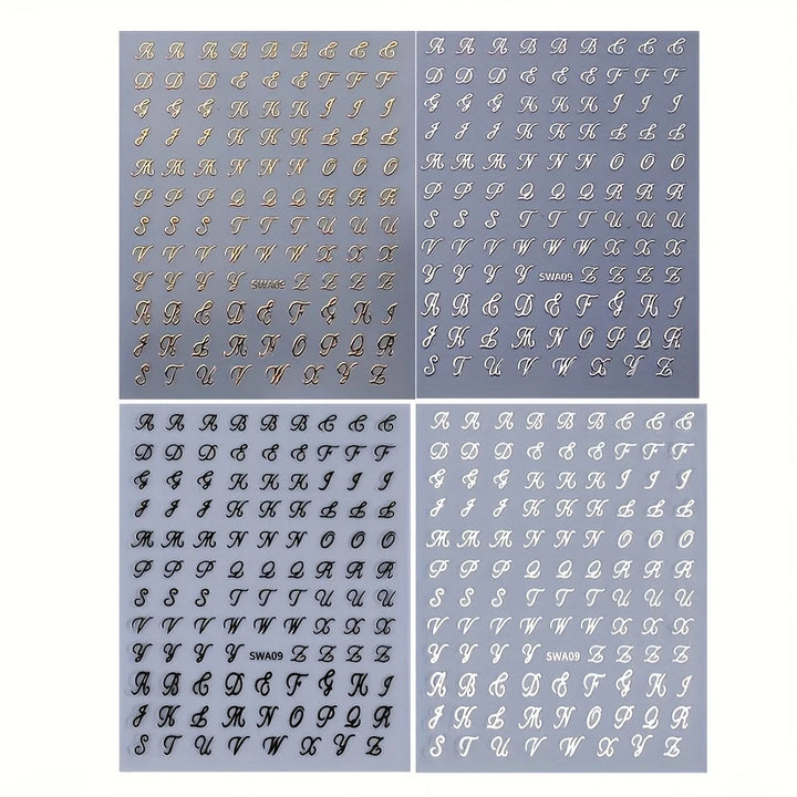 Retro English Letters Nail Stickers 4/8 Sheets 3D Self-Adhesive Nail Art Design Black White Gold Silver Nail Decals