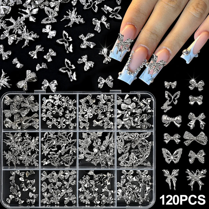 120pcs/box 3D Gold Bow Butterfly Nail Metal Charms Shiny Cute Bowtie/Diamond Star Nail Jewelry 120 Luxury Nail Art Supplies #RE4