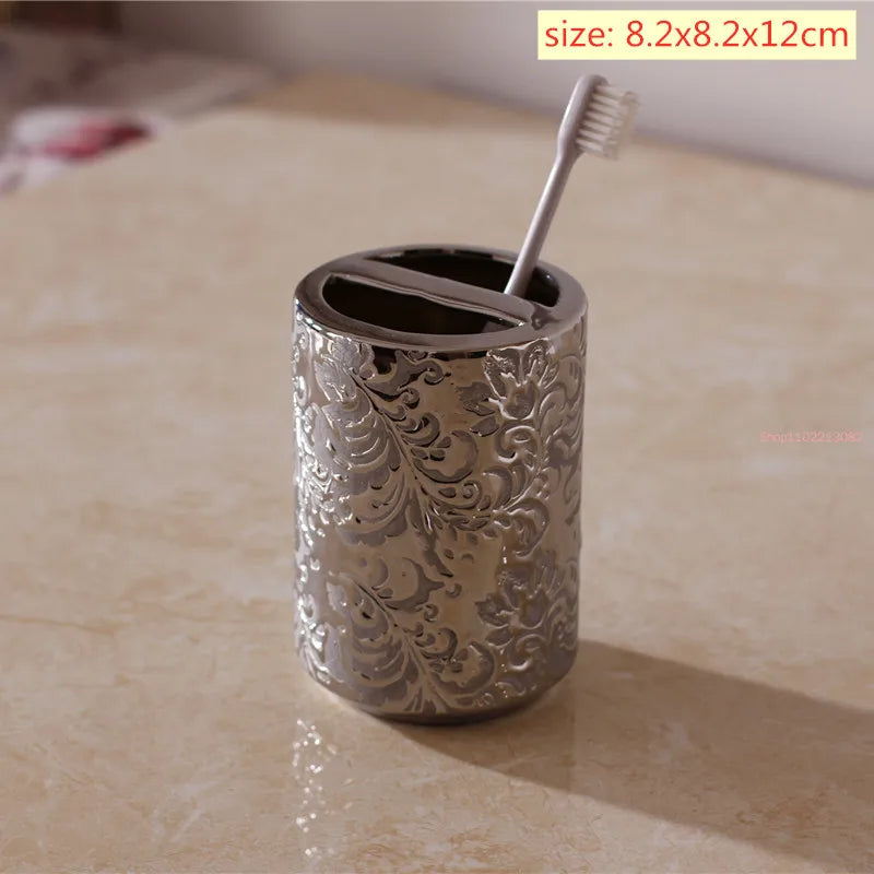 Silver Ceramics Five Piece Set Gifts Soap Bottle Gargle Cup Soap Dish Toothbrush Holder Washing Tools Bathroom Toiletry Set