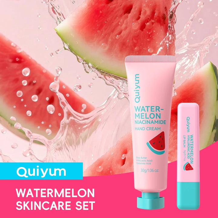 QUIYUM 2Pcs Watermelon Skin Care Set, Hyaluronic Acid Lip Balm 3g + Niacinamide Hand Cream 30g Moisturizing Hand Lip Repair Kit