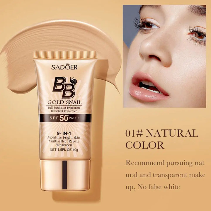 SADOER Gold Snail Sunscreen BB Cream Foundation Concealer Moisturizing Isolation Cream SPF50+PA+++ 40g Facial Moisturizer