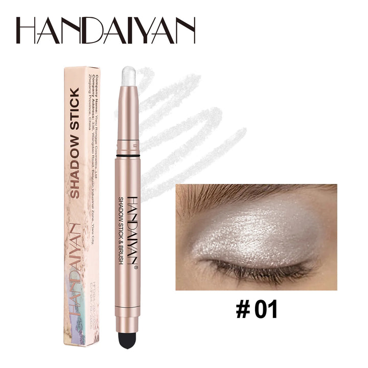 12 Colors Waterproof Eyeshadow Stick Long Lasting Metallic Shimmer Highlighter Cream Pen with Brush Double Head