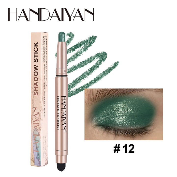 12 Colors Waterproof Eyeshadow Stick Long Lasting Metallic Shimmer Highlighter Cream Pen with Brush Double Head