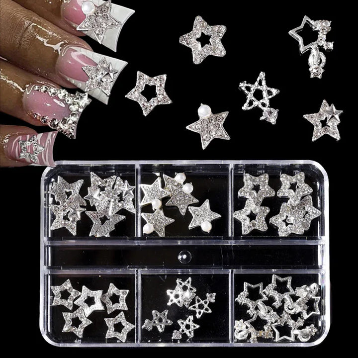 30PCS Silver Star Nail Charms Shiny 3D Stars Nail Gems Starlight Nail Jewelry Y2K Charms for Acrylic Nails Decoration Met