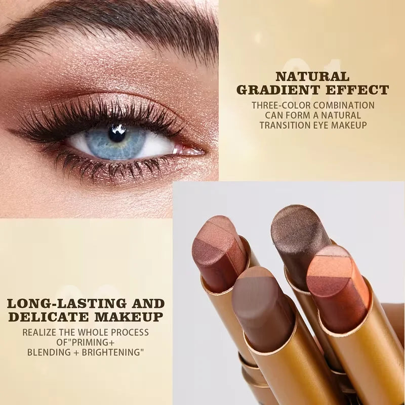 Three-Color Eyeshadow Stick, Shimmering Highlighter Eyeshadow Stick, Waterproof and Long-Lasting Pearlescent Metallic Eyeshadow