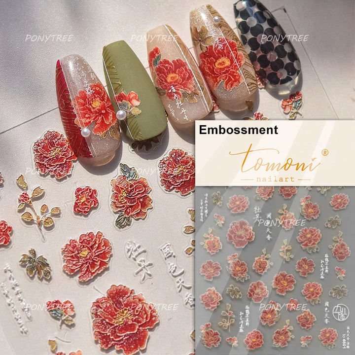 Flowers Blooming Cherry Blossom Sakura Living Peach Branch 5D Soft Relief Spring Adhesive Nail Art Sticker Chic Manicure Decals