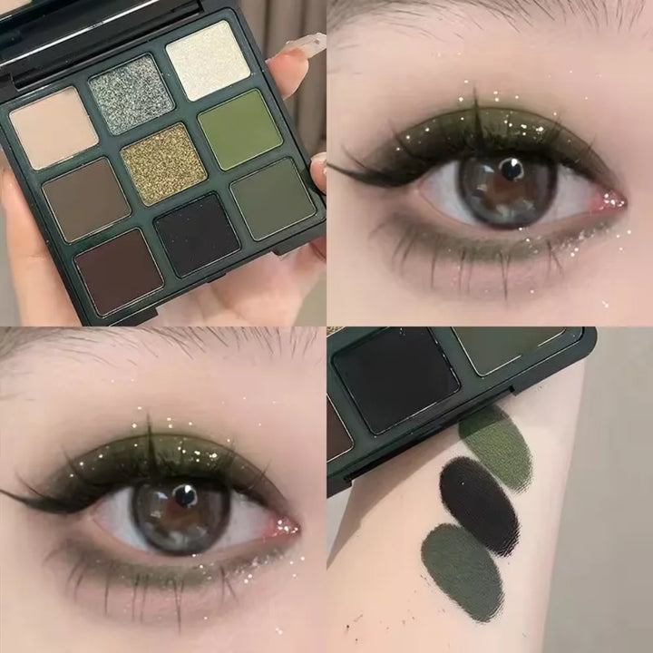 9 Color Eyeshadow Palette Olive Green Eye Look Pearlscent Shimmer Matte Eyeshadow Pink Palette Flash Cosmetics