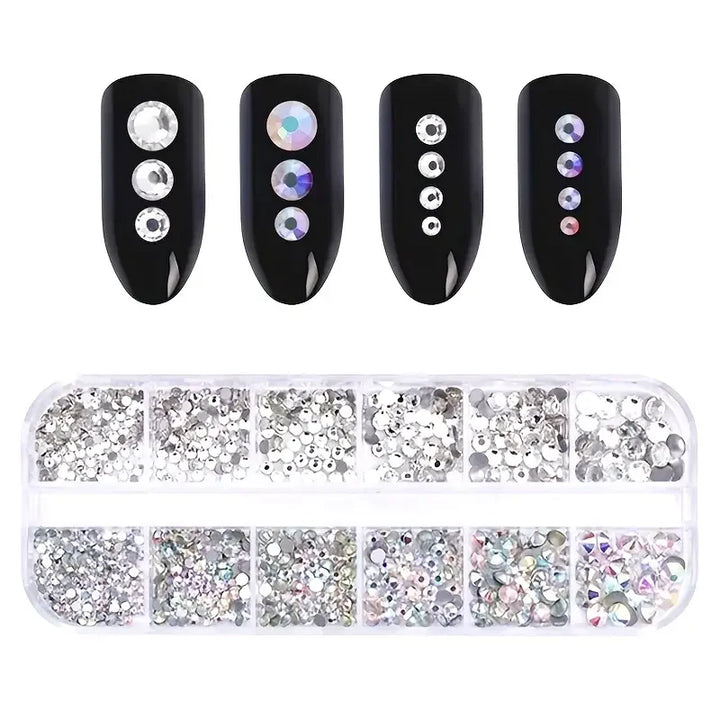 Boxed 3D Flat Back Nail Rhinestones Nail Gems Glass AB & Clear Crystal Rhinestones Kit Nail Art Charms DIY Manicure Accessories
