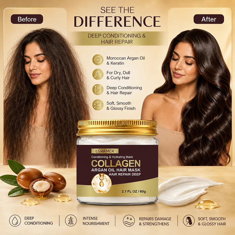 Argan Oil Collagen Keratin Repair Hair Mask, Intense Conditioning Moisturize Dry Locks, Fix Damage, Anti-Breakage & Fade Split