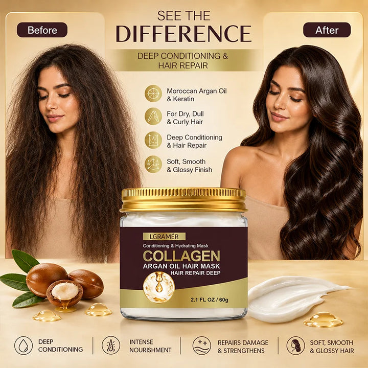 Argan Oil Collagen Keratin Repair Hair Mask, Intense Conditioning Moisturize Dry Locks, Fix Damage, Anti-Breakage & Fade Split