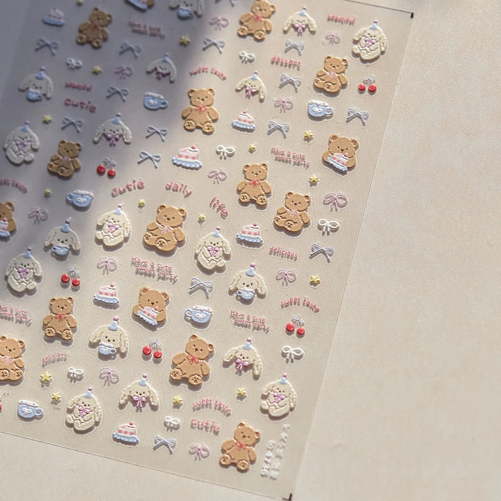 1PCS 5D Embossed Nail Sticker Cute Gray Cake Teddy Bear Bow Cartoon Nail Art Stickers Self Adhesive Nails Decorations Decals DlY