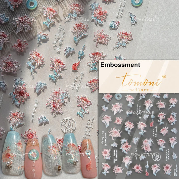 Flowers Blooming Cherry Blossom Sakura Living Peach Branch 5D Soft Relief Spring Adhesive Nail Art Sticker Chic Manicure Decals