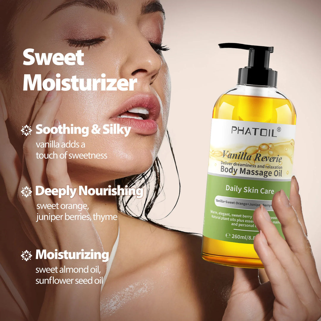 PHATOIL 260ml Vanilla Body Oil-Deeply Moisturizing & Soothing Massage Body Oil with Long-Lasting Fragrance
