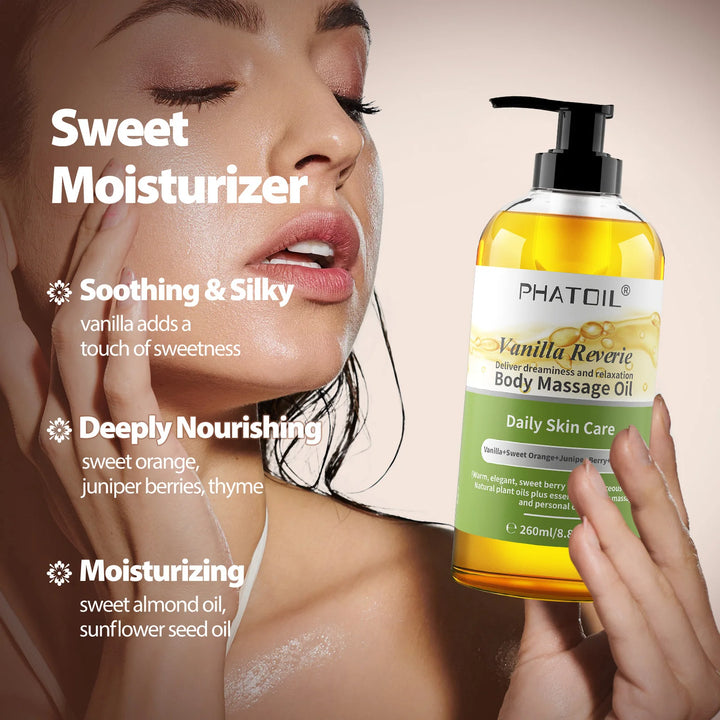 PHATOIL 260ml Vanilla Body Oil-Deeply Moisturizing & Soothing Massage Body Oil with Long-Lasting Fragrance