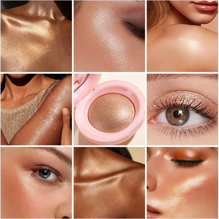 Baked Highlighter Palette Makeup, Long-Wearing Radiant Glitter Eyeshadow, Highly Pigmented Iluminadores Pressed Powder For Girls